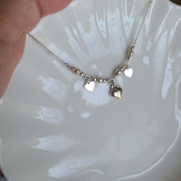 Vintage Sterling Silver Soft Girl Dainty Layered Dangle Heart Love Necklace - Picture 8 of 9